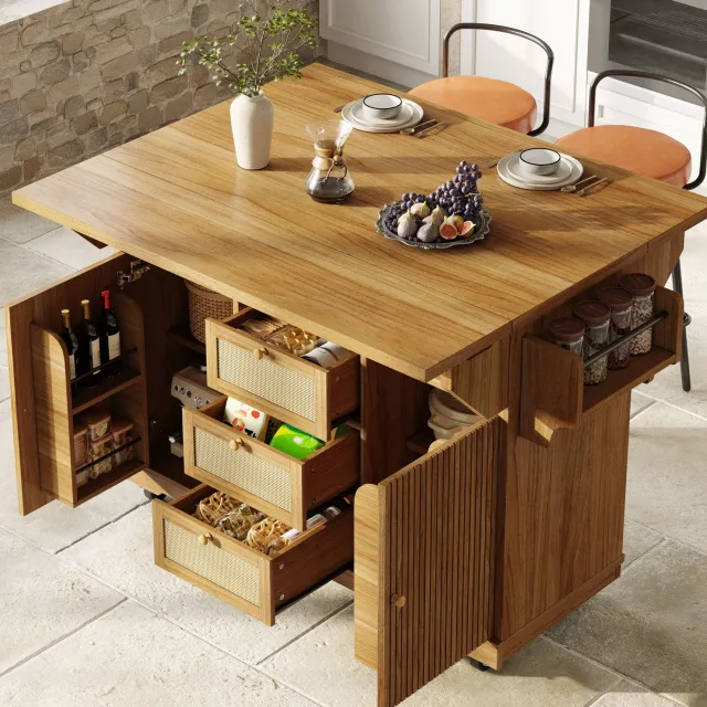 WUVRIE Opklapbare keukenwagen 142,5 x 80 x 95 cm - PE-rattanlades en verstelbare planken - Donkerbruin