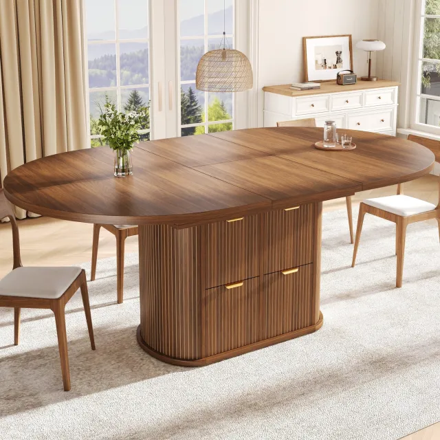 Sweiko Sweio Ovale Uitschuifbare Eettafel - Opklapbaar opbergvak - 2 lades - Geschikt voor 4-6 personen - Walnootkleur