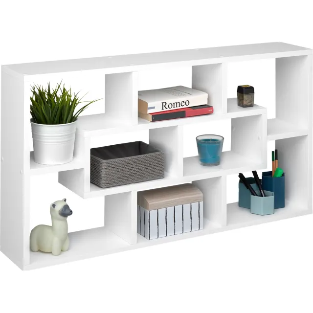 Tectake Wandkast met 8 vakken - Houten Hangplank - Wandmeubel - Afmeting (BxDxH) 85 x 16 x 48 cm - Inclusief bevestigingsmateriaal - Wit