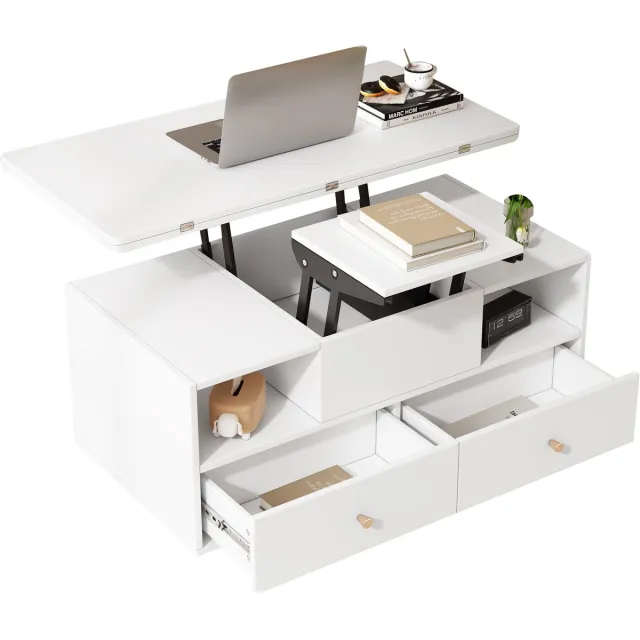 MUVANO In hoogte verstelbare salontafel - Salontafel met 4 lades - Uitschuifbare eettafel - 100x50x47,5 cm - Hydraulisch hefsysteem - Witte salontafel