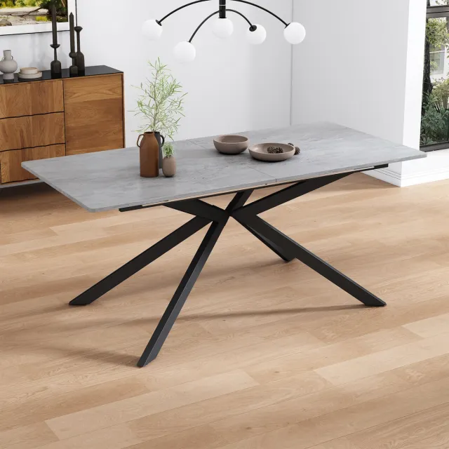 DESMIU Uitschuifbare Eettafel Met Kruisvormig Onderstel En Betonlook Voor Eetkamer En Woonkamer Van MDF In Zwart Grijs 150 Tot 180 Cm