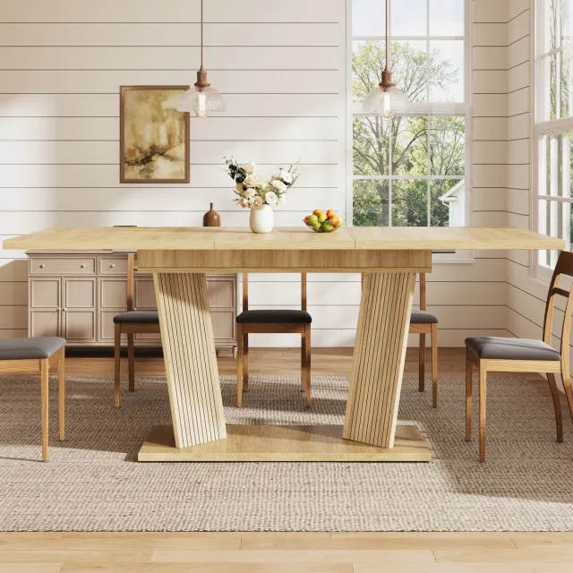REDOM Eettafel - Uitschuifbaar van 120 tot 160 cm - Verstelbare antislipvoeten - Moderne stijl - Eetkamer en keuken - MDF en metaal - Natuurbruin - 160 x 80 x 76 cm Natural & Light Brown