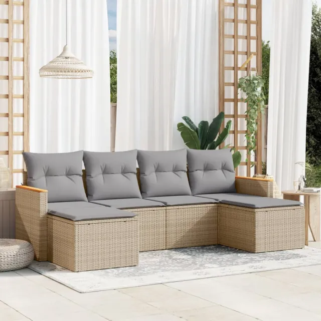 vidaXL 6-delige Loungeset met kussens poly rattan beige, foto 2