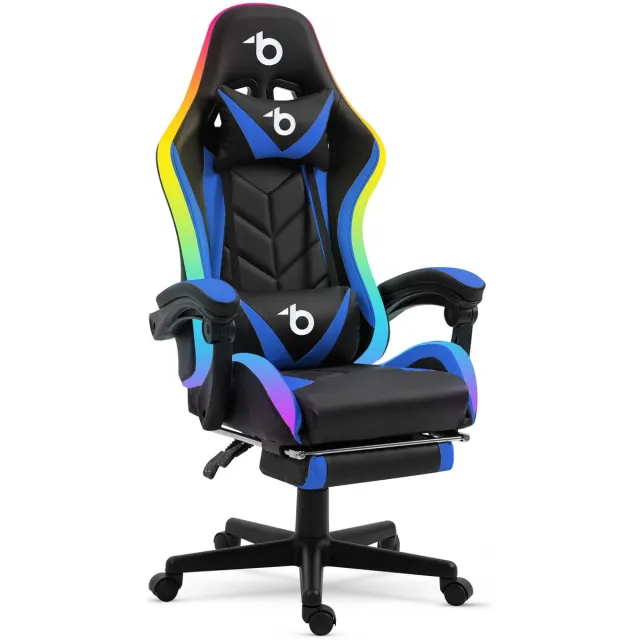 Bemada RGB LED Gamingstoel - Racestijl - Ergonomisch Met Hoge Verstelbare Rugleuning - Lenden- En Nekkussen - PU-Leer - Zwart/Blauw - 5V USB Met Draadloze Afstandsbediening - Max. 120 kg [BMD1115BL] Meerkleurig