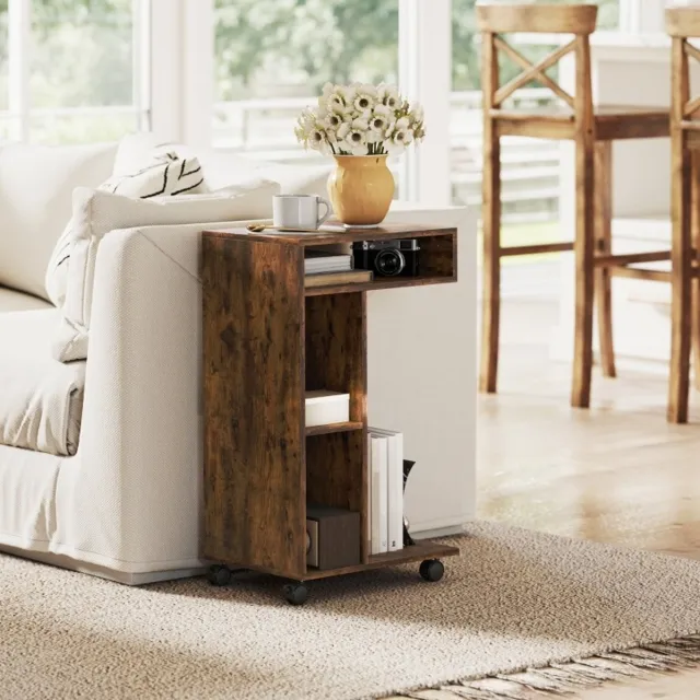 MIVRAY Bijzettafel - C Vormige Rolkast Met 3 Vakken En 4 Wielen - Voor Bank En Bed - Spaanplaat - 40x30x69 Cm - Rustiek Bruin Rustic Brown