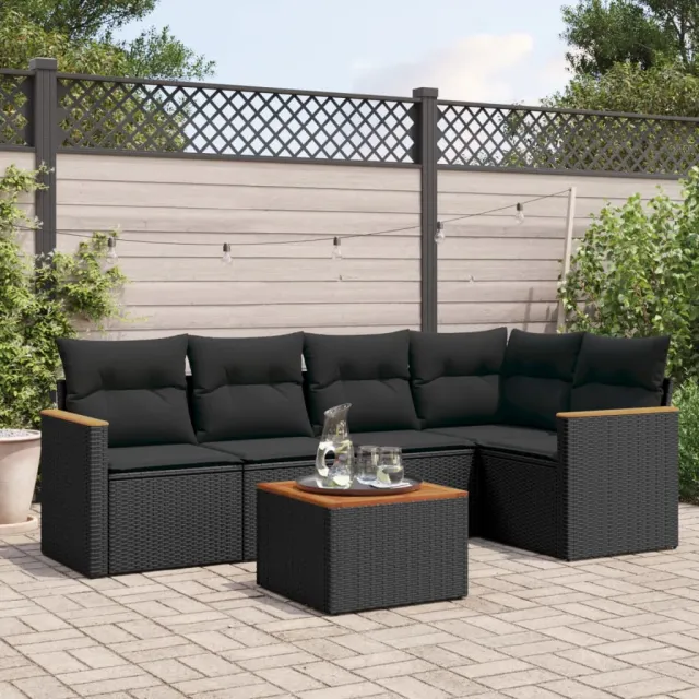 vidaXL 6-delige Loungeset met kussens poly rattan zwart, foto 2