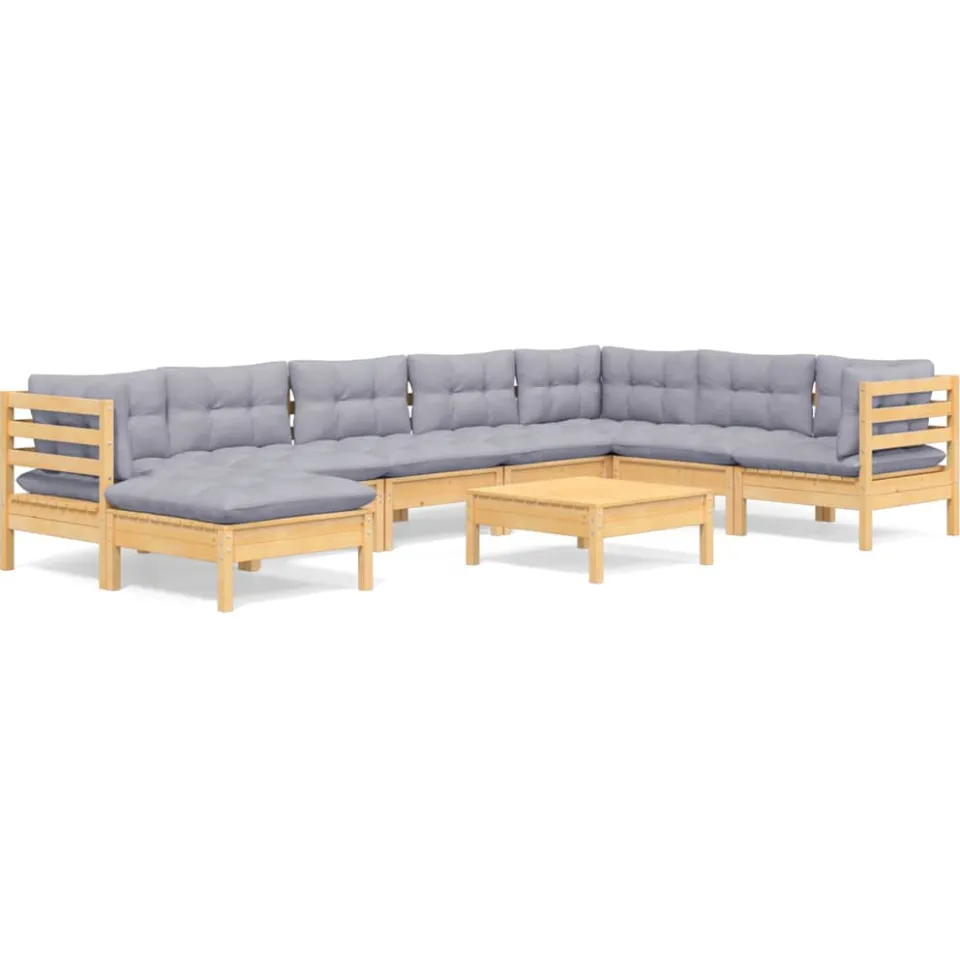 vidaXL 9-delige Loungeset met grijze kussens massief grenenhout Grijs