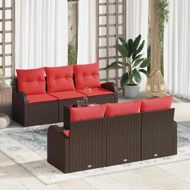 vidaXL Tuin Sofa Set 7 st 6-zits Beige en Rood poly rattan Bruin