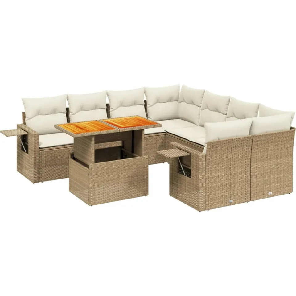 vidaXL 9-delige Loungeset met kussens poly rattan beige, foto 3