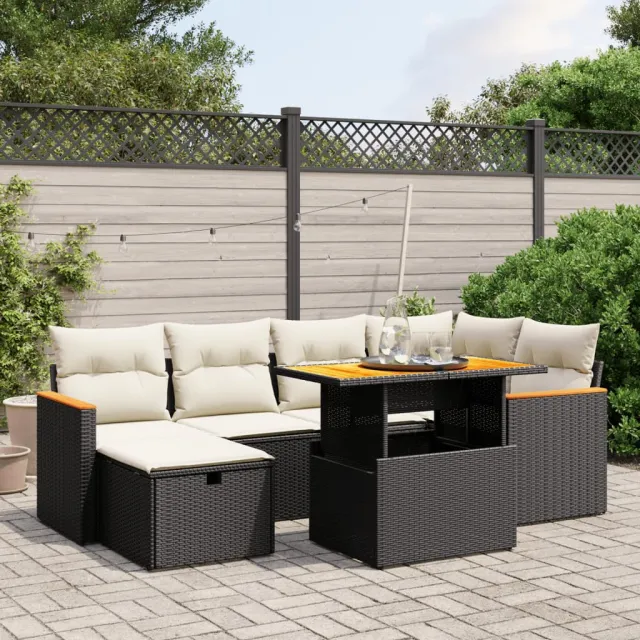 vidaXL 7-delige Loungeset met kussens poly rattan zwart, foto 2