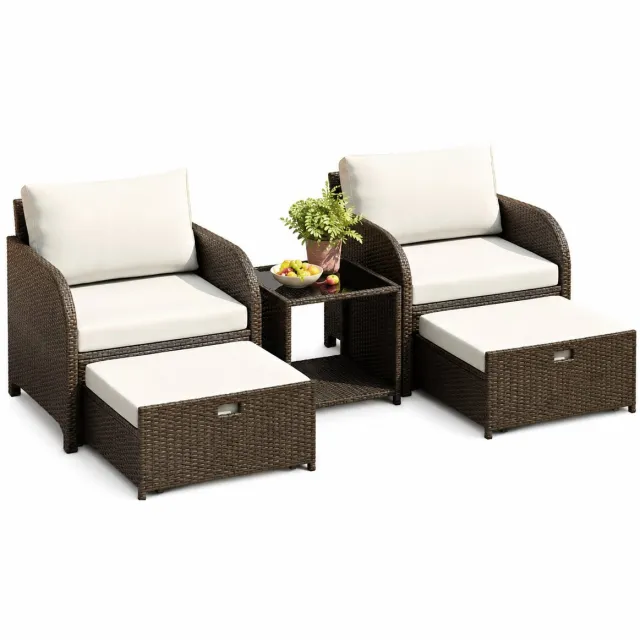 VILIMA Tuinmeubelset - Weersbestendige Loungeset - Zitmeubilair - Voetenbankjes - 5-delig - Praktisch ontwerp - Beige kussens - Glazen tafelblad