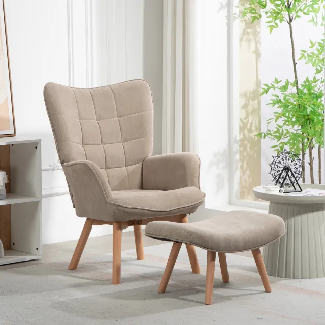 MODFU Oorfauteuil Met Voetenbank - Getuft Ontwerp - Klassiek - Woonkamer - Polyester - Khaki - 72 x 80 x 101 cm