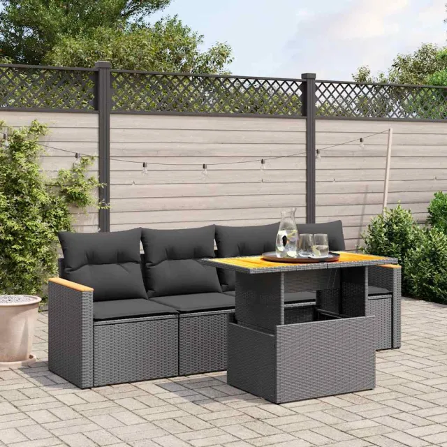 vidaXL 5-delige Loungeset met kussens poly rattan zwart, foto 2