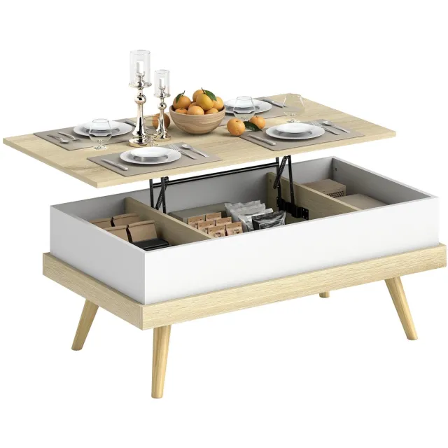 Solvix Salontafel – Salontafels – Bijzettafel – Salontafel met Lade – Opklapbaar Tafelblad – 3 Verborgen Opbergvakken – Houten Poten – 100×79×54 cm – Naturel/Wit Naturel en wit