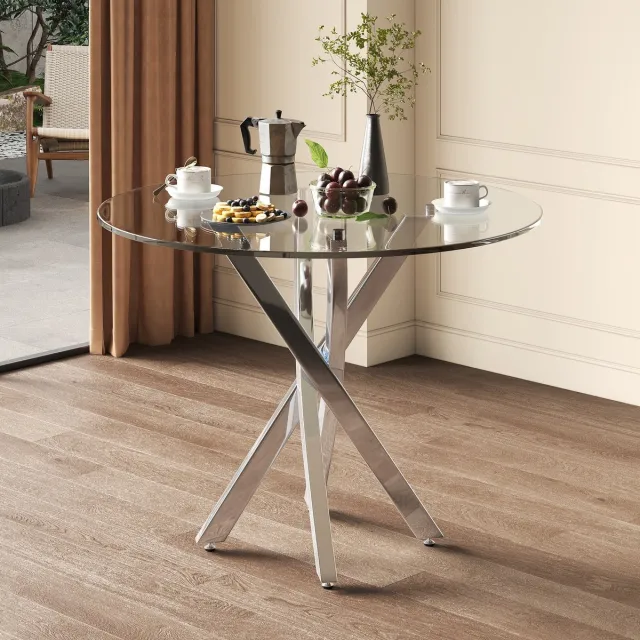 Sweiko Ronde Eettafel - 80 x 80 x 75 cm - Glazen blad - Gegalvaniseerde poten - Minimalistische stijl - Zilver
