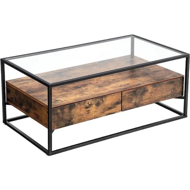 Furnilux Salontafel industrieel hout met glas 125x60x45 cm – Met opberglades – Zwart frame - Wave Bruin