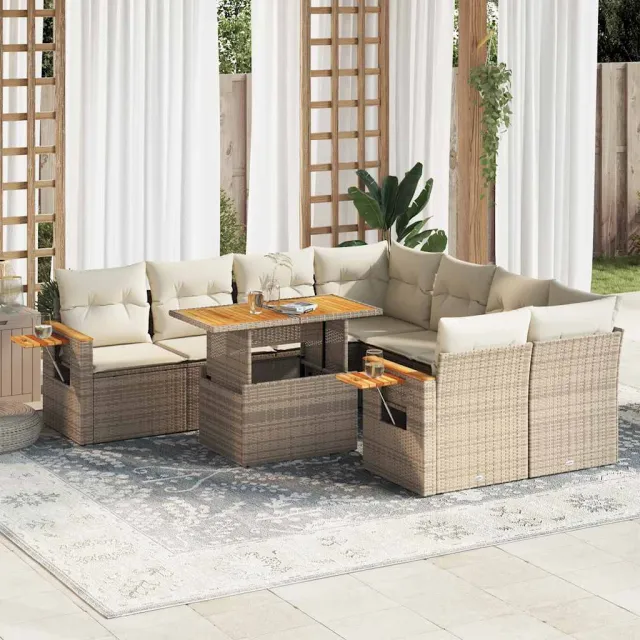 vidaXL 9-delige Loungeset met kussens poly rattan acacia beige, foto 2