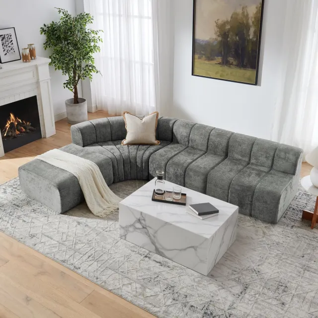 MEUNIQ modulaire hoekbank 4-zits chenille grijs vrij combineerbare modules zonder rugleuning voor woonkamer met poef, bijzet- en extra zitfunctie