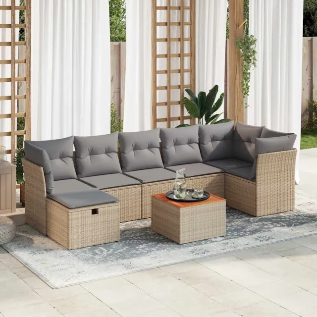 vidaXL 8-delige Loungeset met kussens poly rattan beige, foto 2