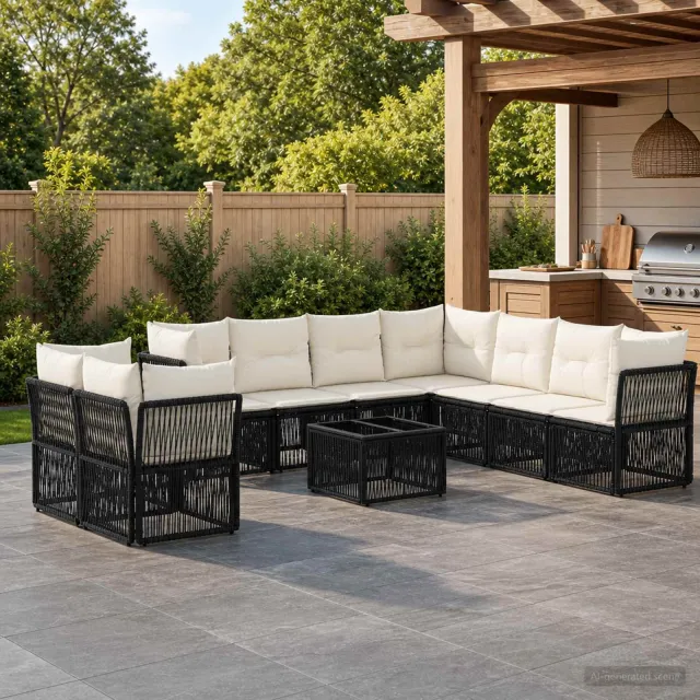 vidaXL Tuinbankenset 10 st Zwart poly rattan, foto 2
