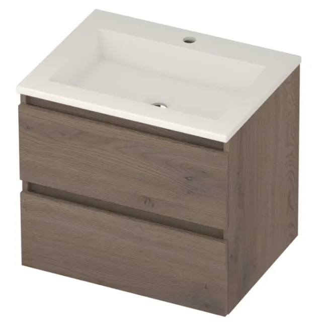 Basic-Line Aura 46 Badmeubelset Acryl 1 Kraangat Greeploos 60x46x54 cm Dusk Oak Glans Wit