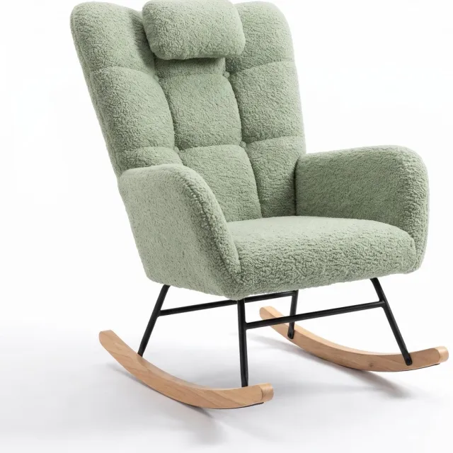 Danky Hoogrugle Schommelstoel met Lendensteun - Zachte Teddy Stof - Beklede Wipstoel voor Babykamer, Woonkamer en Slaapkamer - Met Zijvak - Teddyfleece | Lichtgroen