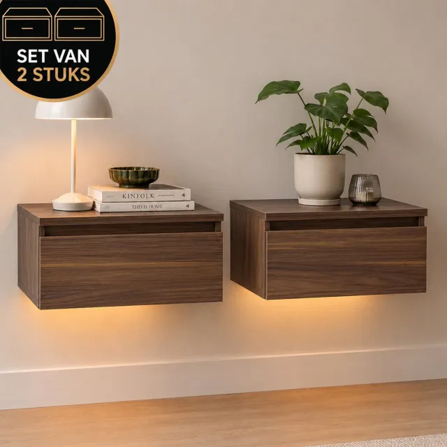 Casamoda Nachtkastje set van 2 - Zwevend - Nachtkastjes met lade - Hout - RGB Verlichting - H18 x B40 x D35 cm - Bedside table - Nightstand - Hangend - Nachtlampje volwassenen - Modern - Industrieel - Nachtkastje met Lade - Lamp - Walnoot