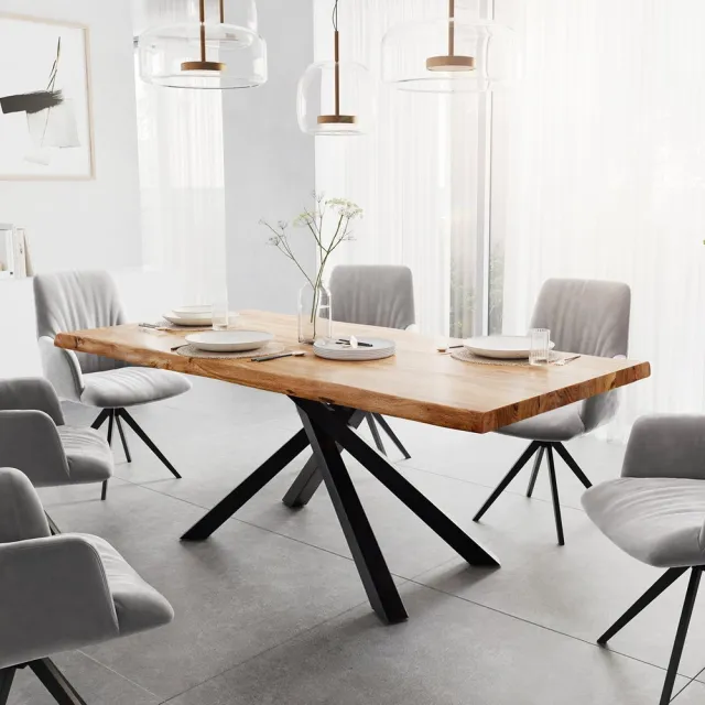 DELIFE Eettafel Edge acacia natuur 200x100 XL kruisframe rechthoek zwart Live-Edge eettafel Bruin