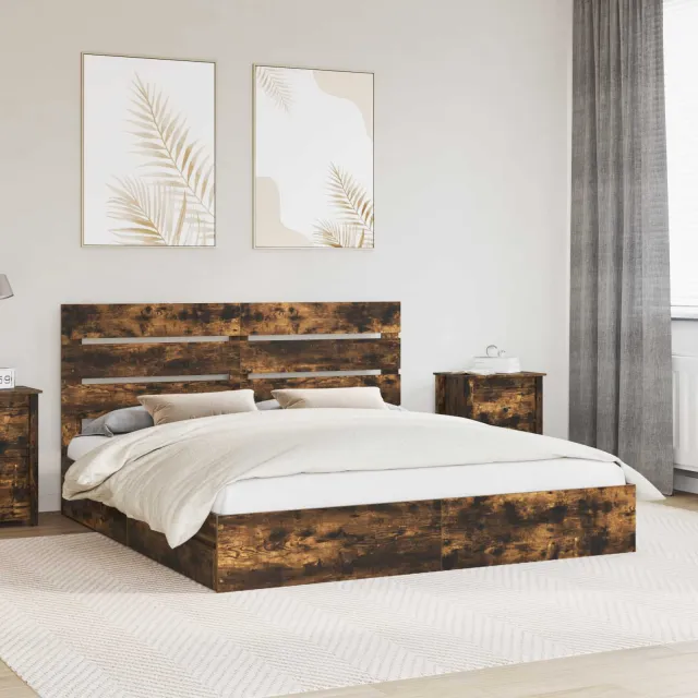 vidaXL Opslag bed met lade Gerookt eiken 180 x 200 cm Bewerkt hout Bruin