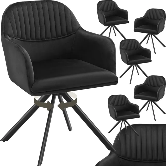 Tectake Fluwelen draaistoel - Bureaustoel - Eetkamerstoel met armleuningen - Fluwelen bureaustoel, keukenstoel, woonkamerstoel - 56 x 59 x 81 cm - Set van 6 - Zwart/zwart zwart / zwart