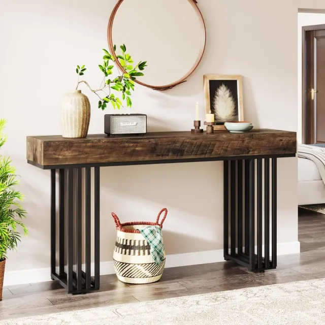 Tribesigns Consoletafel - Sidetable - Console - Haltafel - Metaal/Hout - Bruin - Industrieel - 140 x 82 x 30 cm - Console Tafel voor Hal, Woonkamer, Entree