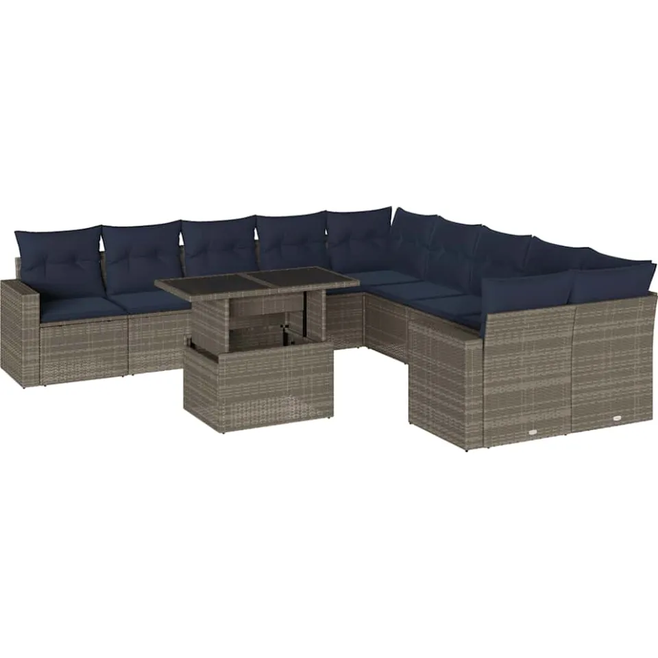 vidaXL 11-delige tuinbankset met kussens, grijs polyrotan