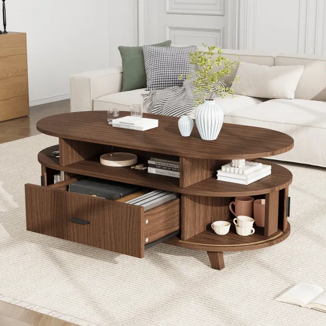 HAUSS SPOLE Salontafel - Ovaal Met Lade En Twee Roldeuren - Open En Gesloten Opbergruimte Voor De Woonkamer - Walnootkleur - 100x50x40 Cm