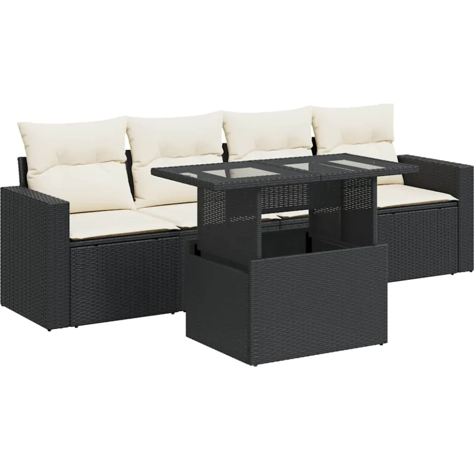 vidaXL 5-delige Loungeset met kussens poly rattan zwart, foto 3