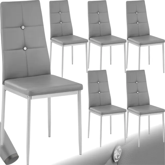 Tectake Moderne Stoelen - Set van 6 - Stoelen met Kunstleren Bekleding en Strass-Steentjes - Geschikt als Keukenstoel, Eetkamerstoel of Gestoffeerde Stoel voor Woonkamer, Eettafel, Bar - Grijs