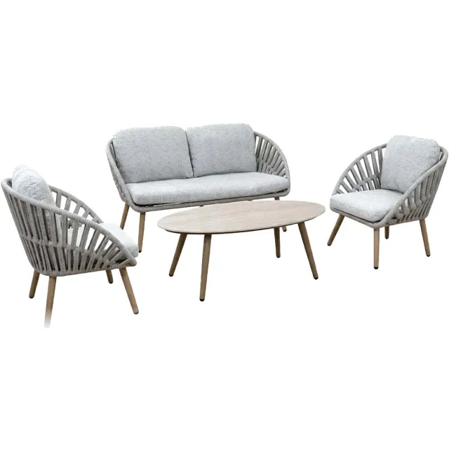 Normin Stoel-bank loungeset Faro | 4-delig | 4 personen | Nordic Ash/Naturel | Rope & aluminium Grijs