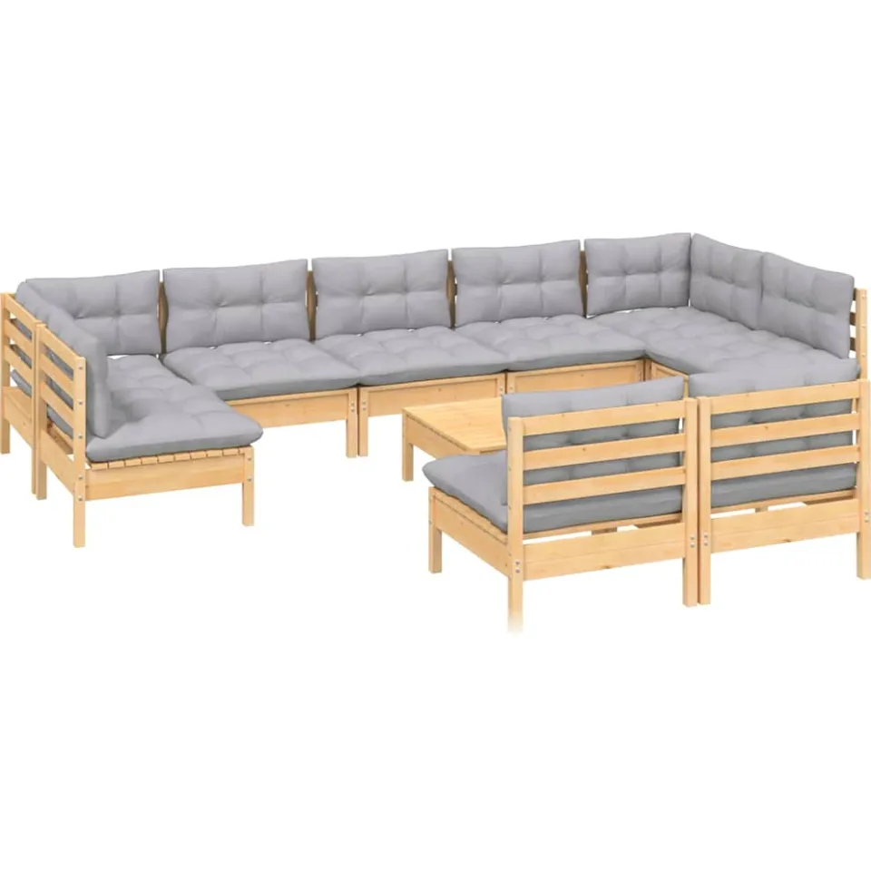 vidaXL 10-delige Loungeset met grijze kussens massief grenenhout Grijs