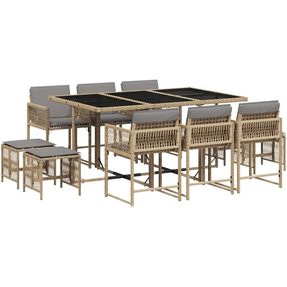 vidaXL 11-delige Tuinset met kussens poly rattan gemengd beige, foto 3