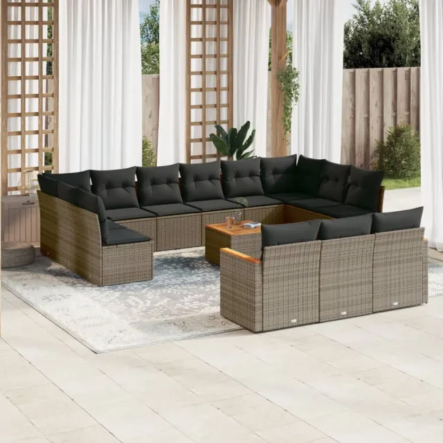 vidaXL 14-delige Loungeset met kussens poly rattan grijs, foto 2