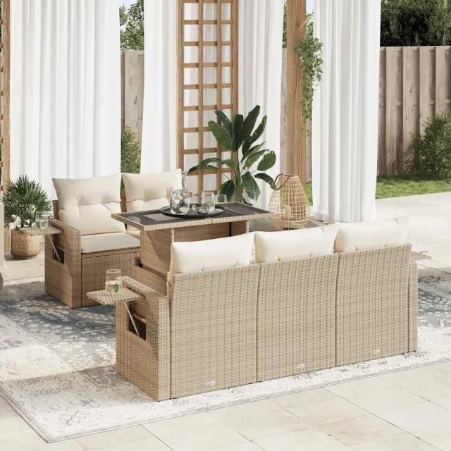 vidaXL 6-delige Loungeset met kussens poly rattan beige, foto 2