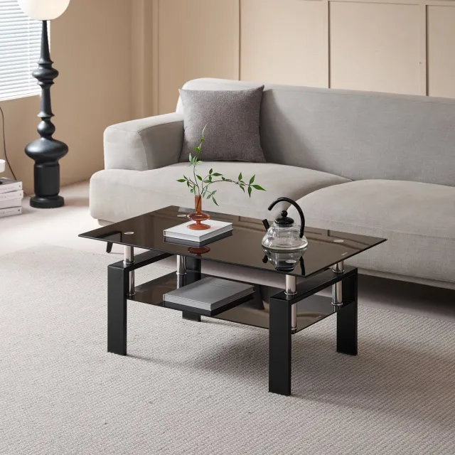 MEUNIQ Salontafel 100 x 60 x 44 cm, zwarte rechthoekige tafel van gehard glas met dubbele etage en metalen frame voor woonkamer of kantoor