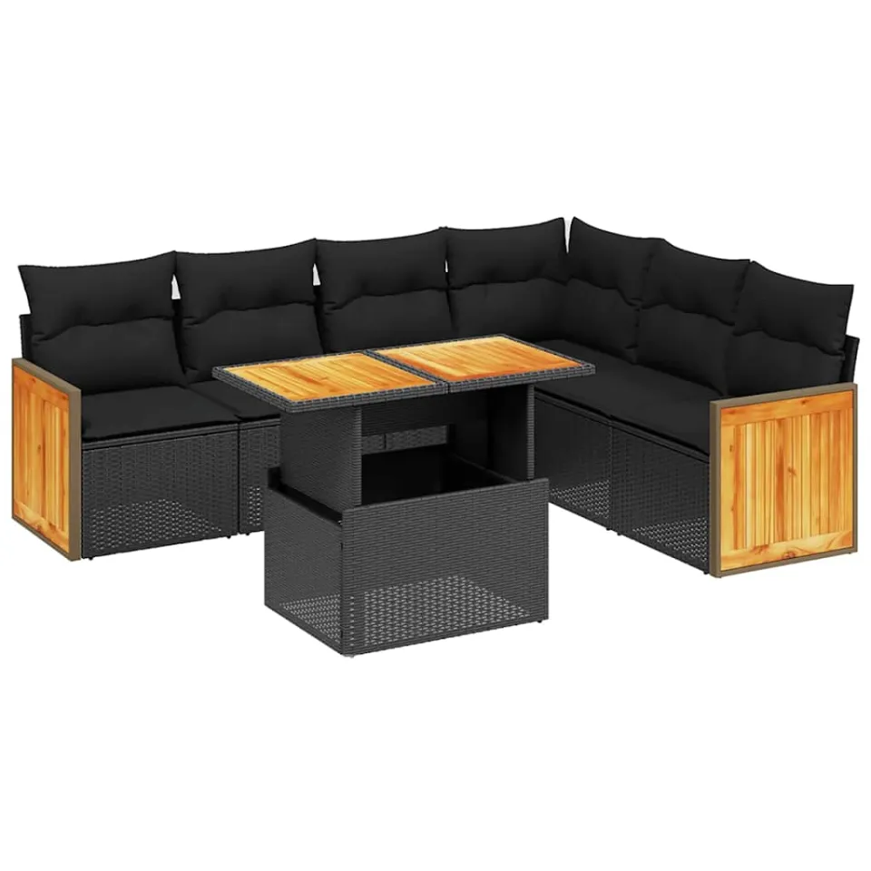 vidaXL 7-delige Loungeset met kussens poly rattan zwart, foto 3