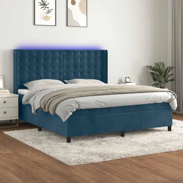 vidaXL Boxspring met matras en LED fluweel donkerblauw 180x200 cm blauw