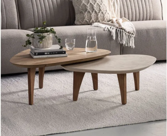 DTP Home Coffee table Bliss Mortex pebble TEAK/MORTEX, set of 2,30x90x60 cm | MORTEX top / 35x100x70 cm Naturel