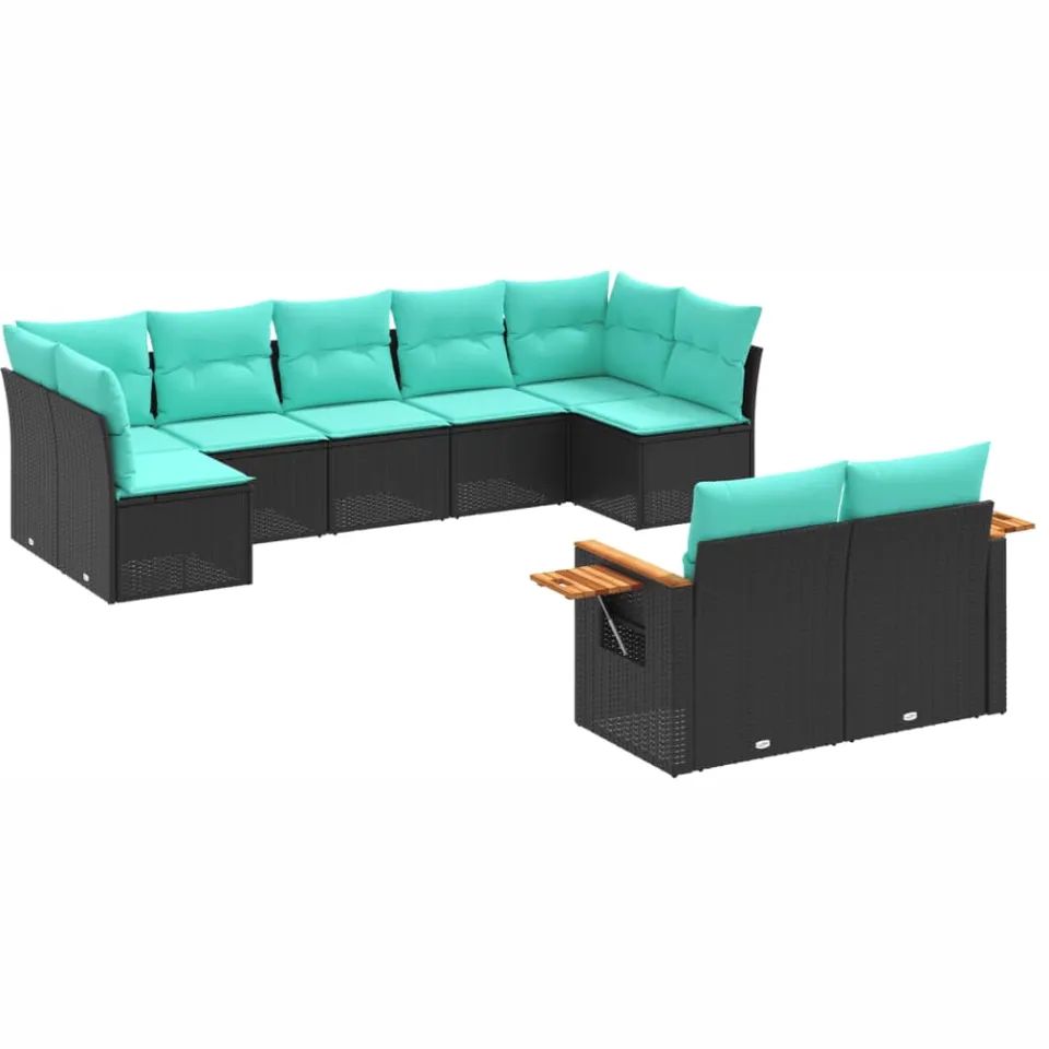 vidaXL 9-delige Loungeset met kussens poly rattan zwart, foto 3
