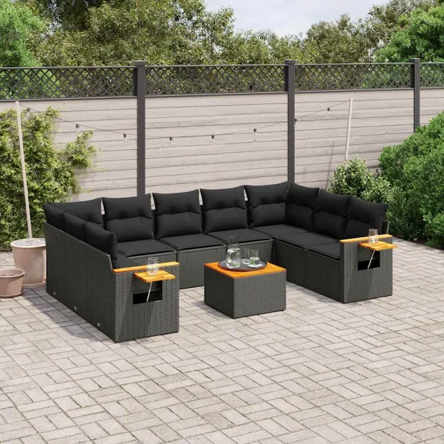 vidaXL 10-delige Loungeset met kussens poly rattan zwart, foto 2