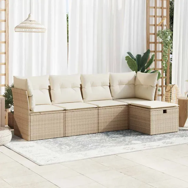 vidaXL 5-delige Loungeset met kussens poly rattan beige, foto 2