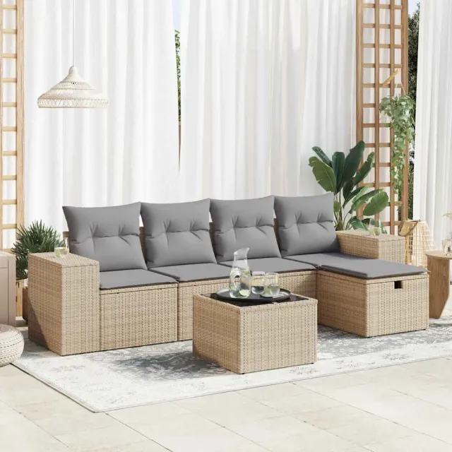 vidaXL 6-delige Loungeset met kussens poly rattan beige, foto 2