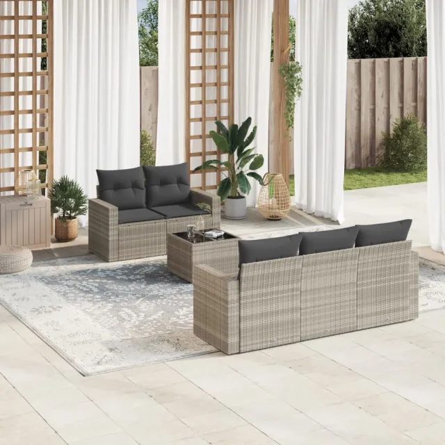 vidaXL 6-delige Loungeset met kussens poly rattan lichtgrijs grijs, foto 2