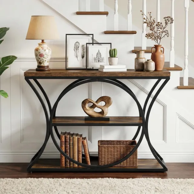 Little Trees LITTLE TREE Industrieele Console Tafel - 105 X 30 X 80 Cm - 3-Laags Met Opbergplanken - Gebogen Metalen Onderstel - Multifunctionele Smalle Tafel - Voor Thuisgebruik - Bruin